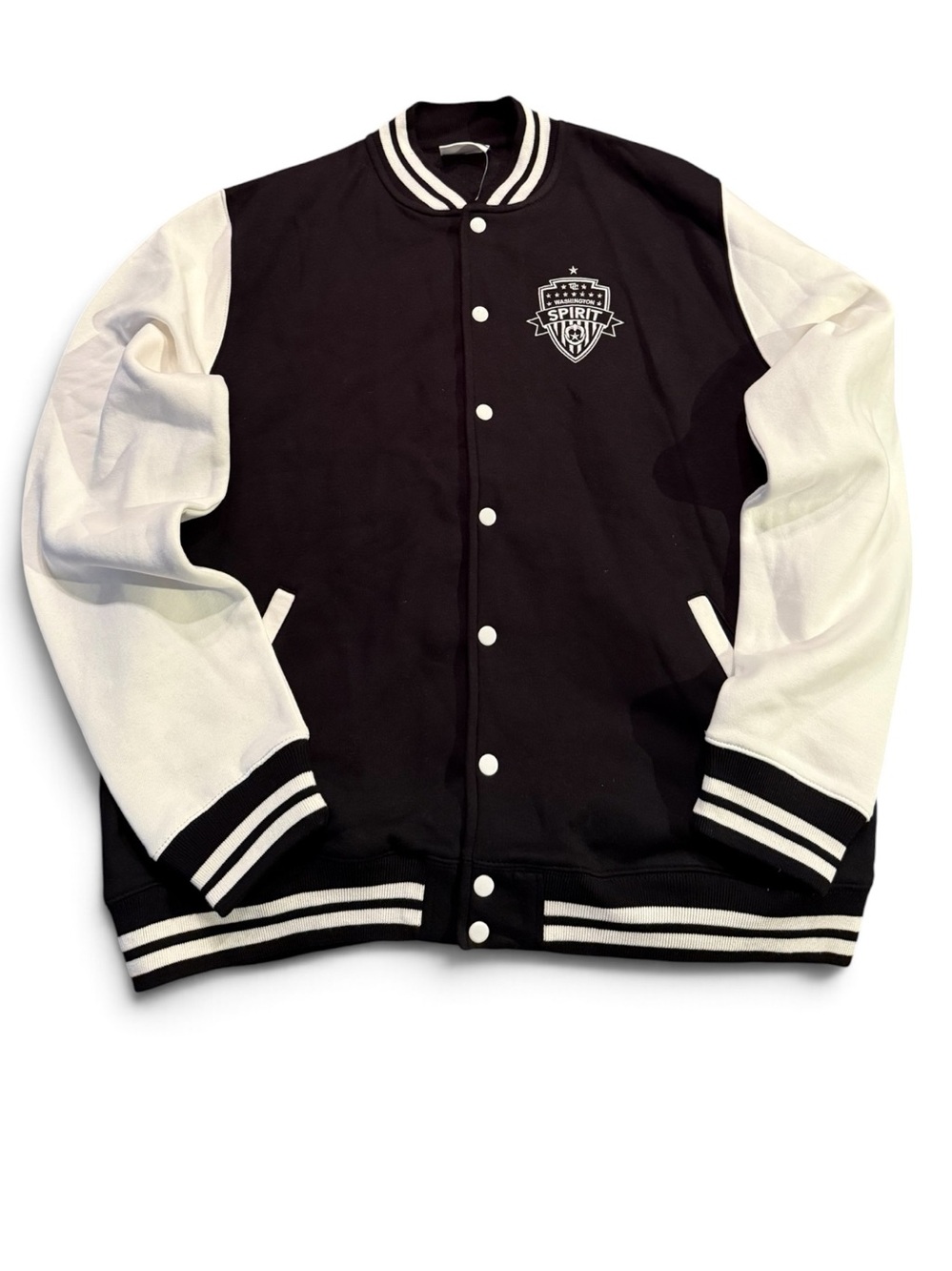Unisex Washington Spirit Soccer Varsity Bomber Jacket in classic black & white